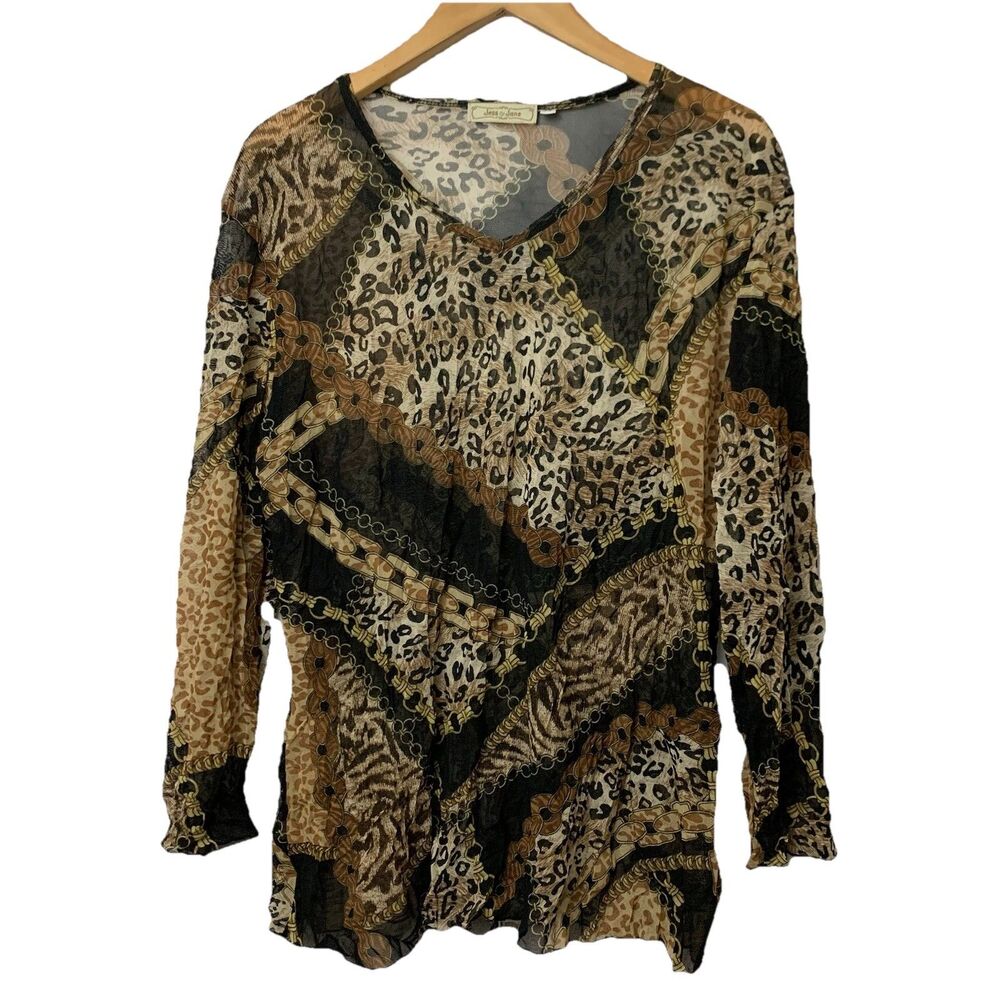 Jess & Jane Top Womens 1X Sheer Mesh Chain Animal Print V Neck Long Sleeve